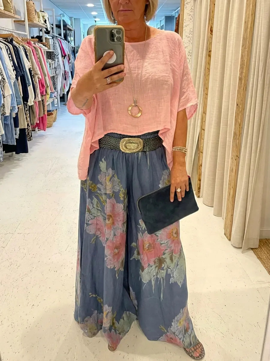 Women's Floral Art Comfortable Loose Cotton Linen Wide-leg Pants Two-piece Set