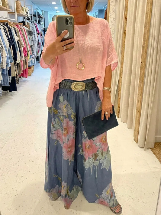 Women's Floral Art Comfortable Loose Cotton Linen Wide-leg Pants Two-piece Set