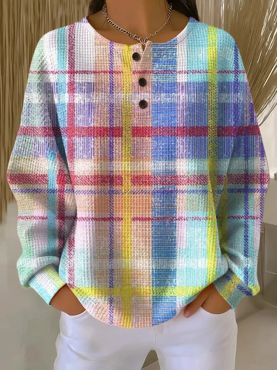 Women's Plaid Pattern Art Print Casual Waffle Sweatshirt
