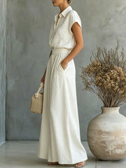 Women's Casual Solid-color Short-sleeved Shirt & Wide-leg Pants Two-piece Set