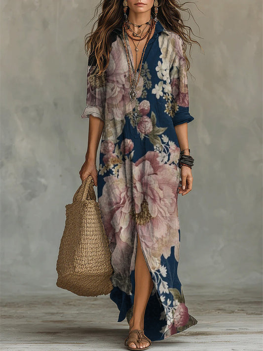 Women's Vintage-style Elegant Floral Decorative Pattern Long Sleeve 100%cotton Dress