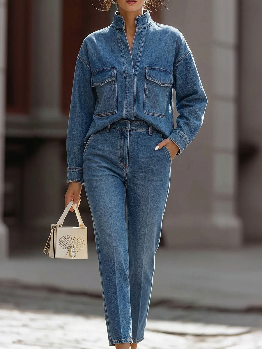 Women's Casual Denim Set: Loose-fit Long-sleeve V-neck Shirt & High-waisted Straight-leg Pants