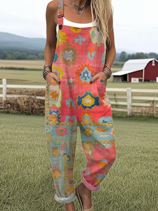 Women's Vintage Art Print Casual  Cotton Linen  Wide Leg Jumpsuit