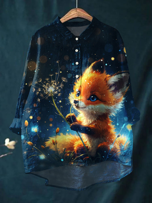Women's Fox Art Print Cotton and Linen Top