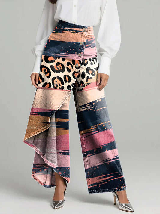 Women's Vintage Flowers Floral Patterns Leopard Print High-waisted Relaxed Fit Wide-leg Jeans With A Stylish Design.