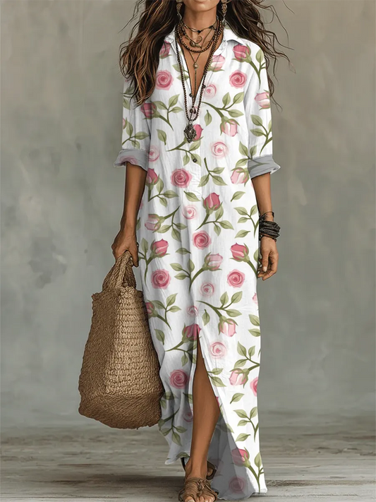Women's Floral Art Print Casual Long Sleeve Cotton Dress
