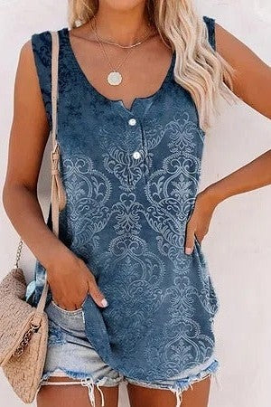 Ethnic Tribal Print U-neck Buttons Sleeveless Tops