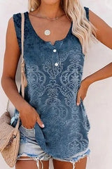 Ethnic Tribal Print U-neck Buttons Sleeveless Tops