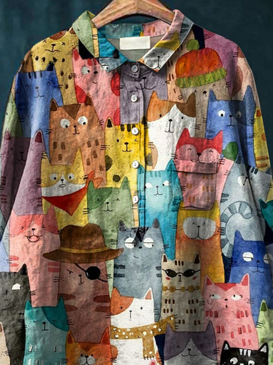 Watercolor Cute Cats Repeat Pattern Printed Women's Casual Cotton And Linen Shirt