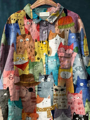 Watercolor Cute Cats Repeat Pattern Printed Women's Casual Cotton And Linen Shirt