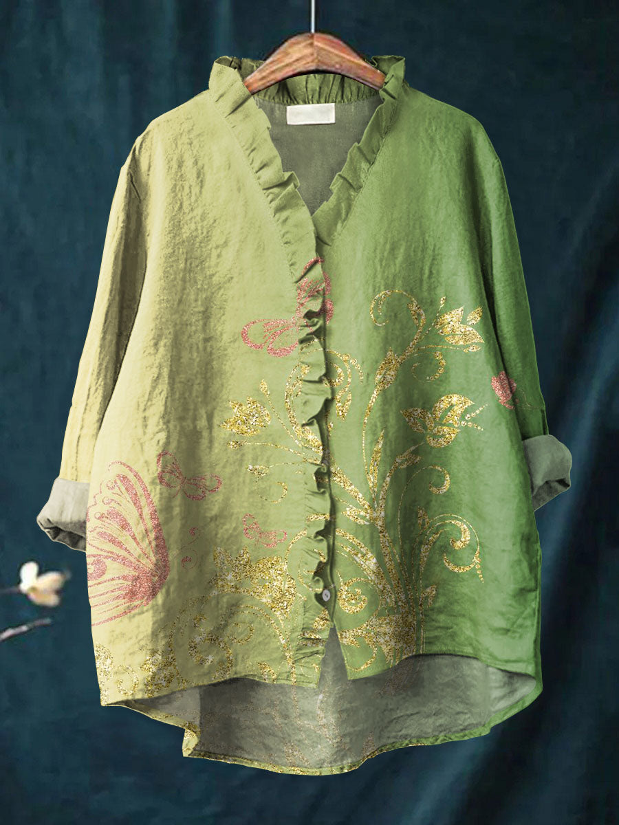Women's Vintage Floral Art Print Casual Cotton And Linen Ruffle Shirt