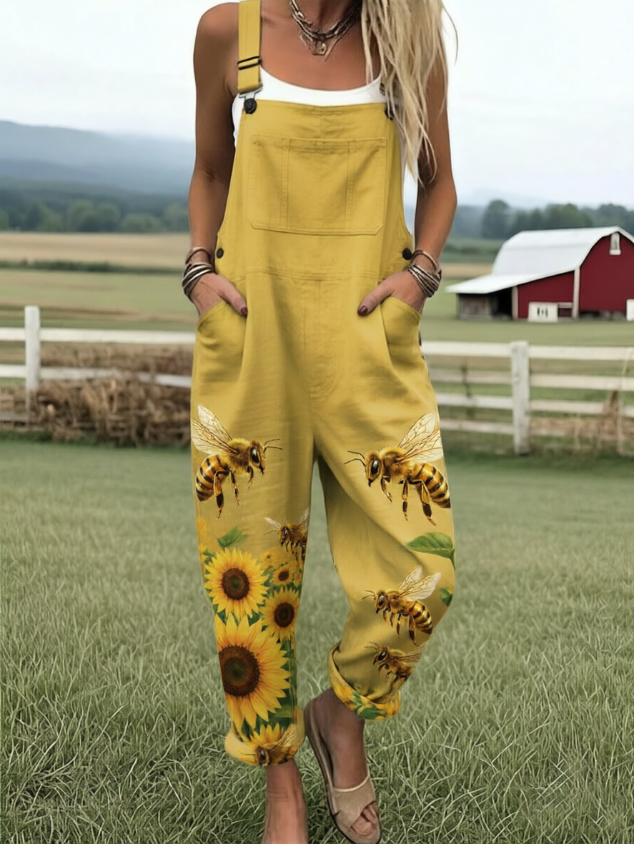 Women's Vintage Sunflower and Bee Print Sleeveless Loose Jumpsuit