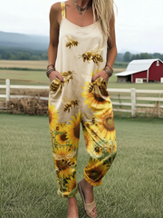 Women's Vintage Sunflower and Bee Print Sleeveless Loose Jumpsuit