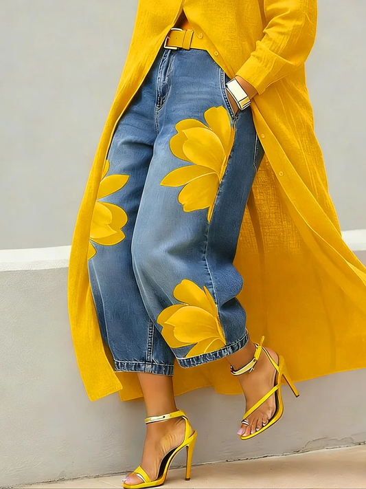 Vintage Artistic Print Relaxed Denim Jeans