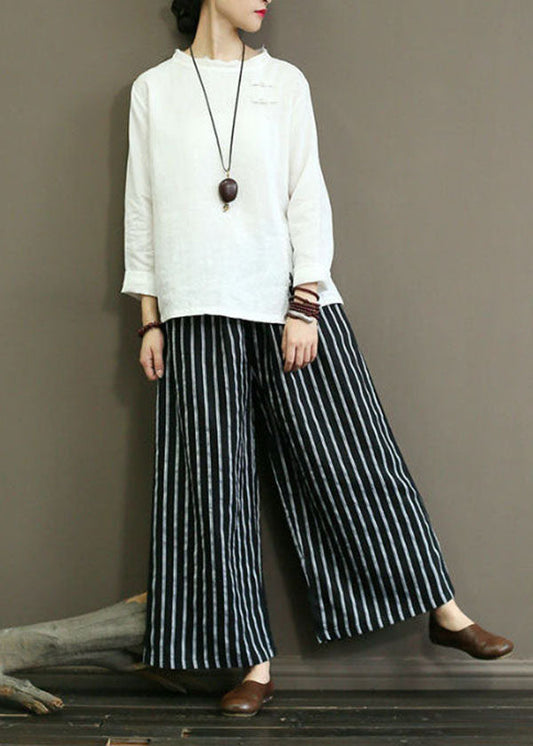 Black Striped Linen Wide Leg Pants Elastic Waist Oversized Summer