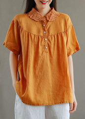 Boutique Green Peter Pan Collar Button Linen Summer Shirt Tops