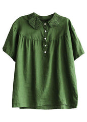 Boutique Green Peter Pan Collar Button Linen Summer Shirt Tops