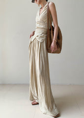 Brief V Neck Silk Linen Top And Wide Leg Pants Two Pieces Set Sleeveless