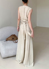 Brief V Neck Silk Linen Top And Wide Leg Pants Two Pieces Set Sleeveless