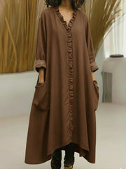 Relaxed Ruffle-Trim V-Neck Maxi Dress with Pockets
