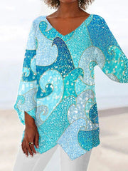 Colorful Casual V Neck Sequined Wave Print Long Sleeve Blouse