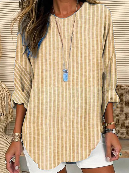 Striped Crew Neck Long Sleeve Loose Blouse