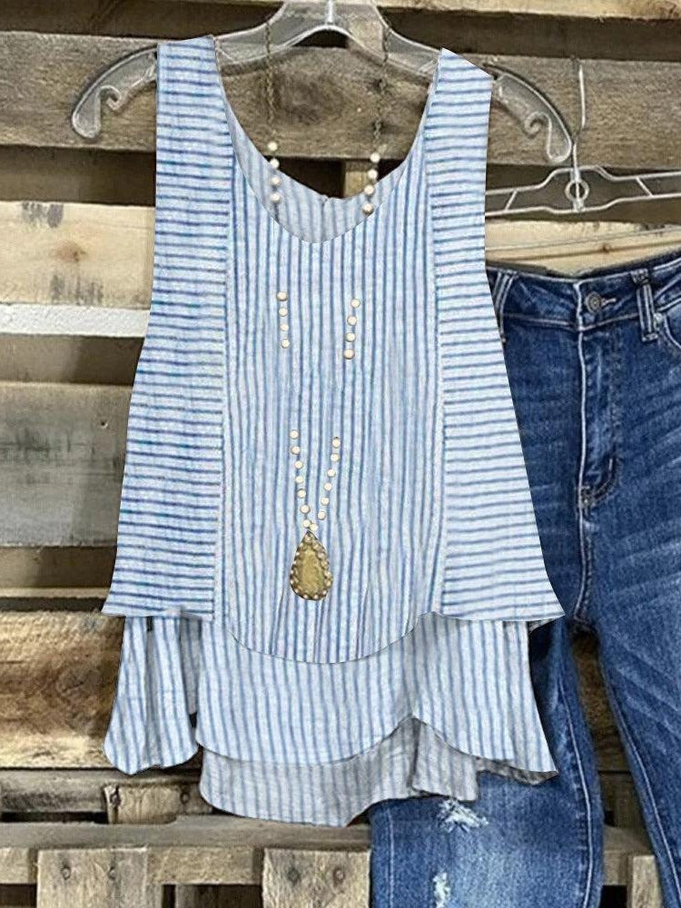 Blue Striped Casual Layered Hem Sleeveless Tank Top