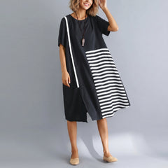 Black Natural Cotton Dress Casual Casual Dress Fine Short Sleeve O Neck Cotton Dress