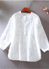 French White Embroidered Cotton Blouse Tops Spring