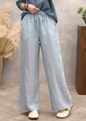 Loose White Pockets Tie Waist Solid Linen Wide Leg Pants Summer