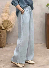 Loose White Pockets Tie Waist Solid Linen Wide Leg Pants Summer