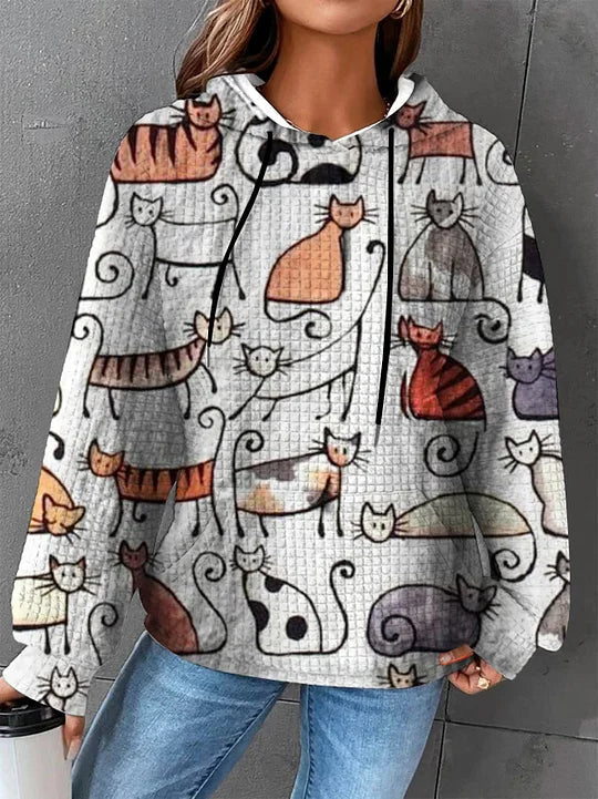 Autumn/Winter Women's Waffle Essential Creative Printed Long Sleeve Hooded Sweatshirt