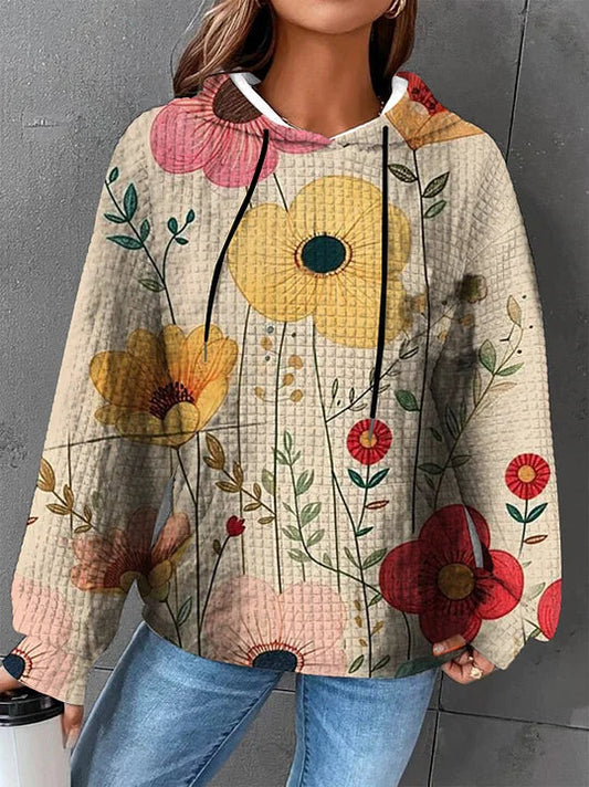 Autumn/Winter Women's Waffle Essential Creative Printed Long Sleeve Hooded Sweatshirt