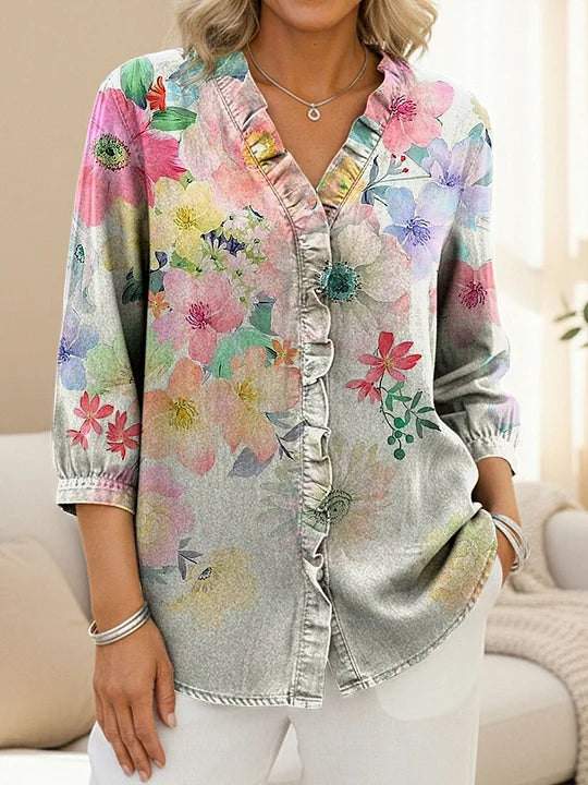 Women's Colorful Watercolor Flowers Print Casual Ruffled Denim Shirt RSDS2905
