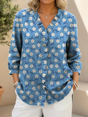 Women's Cute Little Flower Print Casual Ruffled Denim Shirt RSDS2909