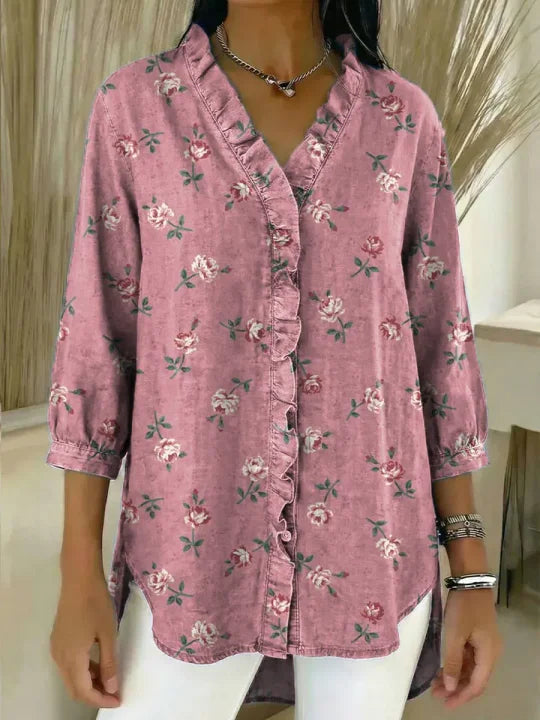 Women's Floral Pattern Art Print Casual Ruffled Denim Shirt RSDS2911