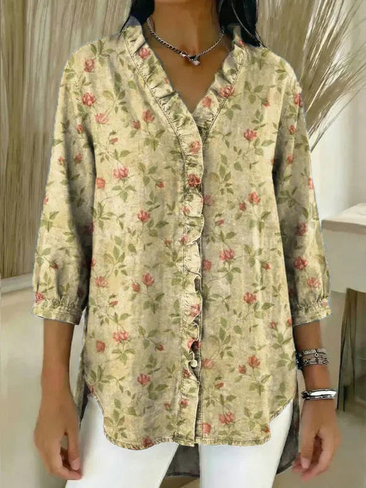 Women's Floral Pattern Art Print Casual Ruffled Denim Shirt RSDS2913