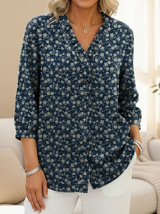 Women's Small Floral Print Casual Ruffled Denim Shirt RSDS2914