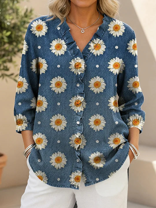 Women's Daisy Pattern Print Casual Ruffled Denim Shirt RSDS2918