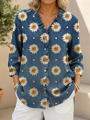 Women's Daisy Pattern Print Casual Ruffled Denim Shirt RSDS2918