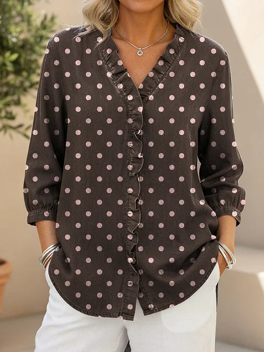 Women's Dots Print Casual Ruffled Denim Shirt RSDS2921