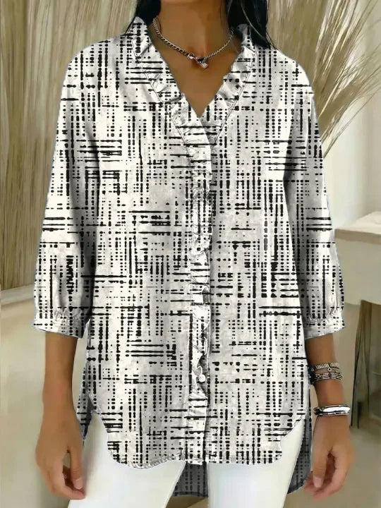 Women's Abstract Pattern Art Print Casual Ruffled Denim Shirt RSDS2923