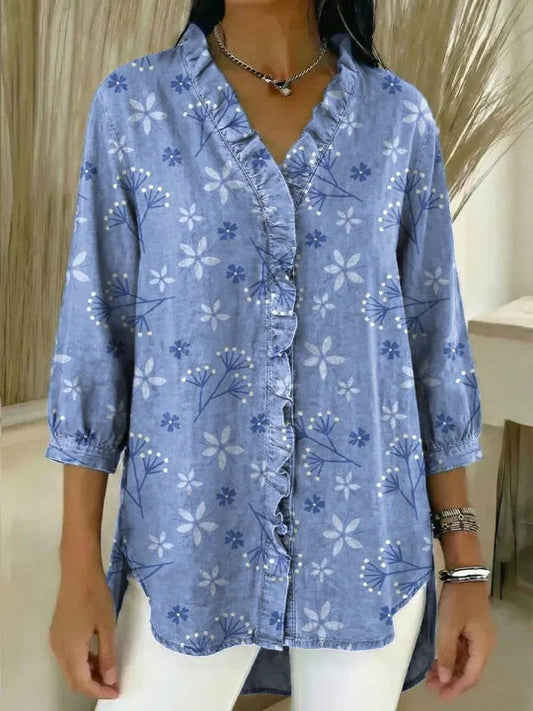 Women's Floral Pattern Art Print Casual Ruffled Denim Shirt RSDS2936