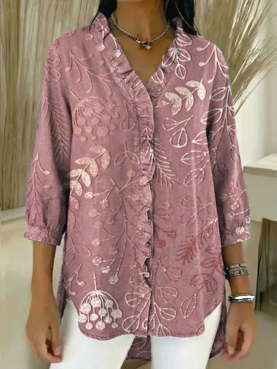 Women's Floral Pattern Art Print Casual Ruffled Denim Shirt RSDS2940
