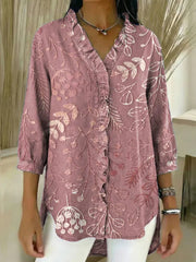 Women's Floral Pattern Art Print Casual Ruffled Denim Shirt RSDS2940