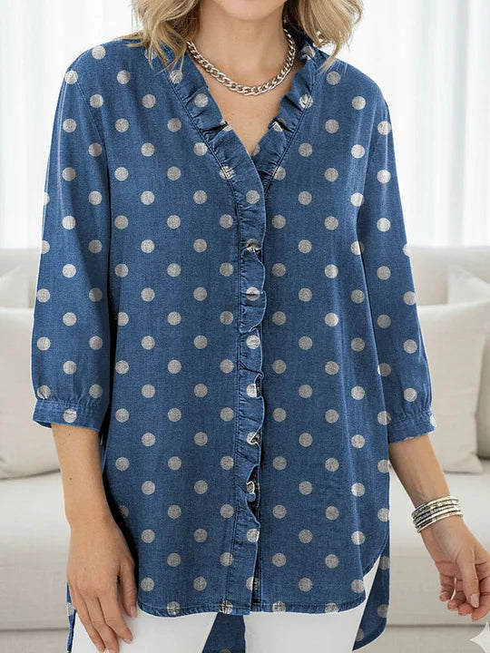Women's Dots Print Casual Ruffled Denim Shirt RSDS2941
