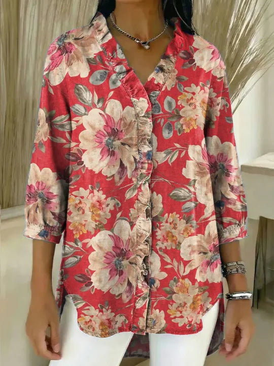 Women's Floral Pattern Art Print Casual Ruffled Denim Shirt RSDS2943