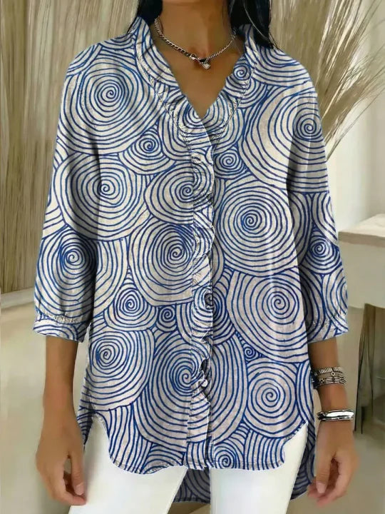 Women's Abstract Pattern Art Print Casual Ruffled Denim Shirt RSDS2965