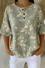 Womens Sage Leaf Print Button Detail Waffle Knit Short Sleeve Top RSHW1701