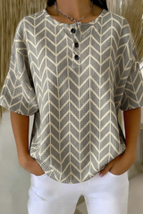 Womens Gray Chevron Print Button Detail Waffle Knit Short Sleeve Top RSHW1702